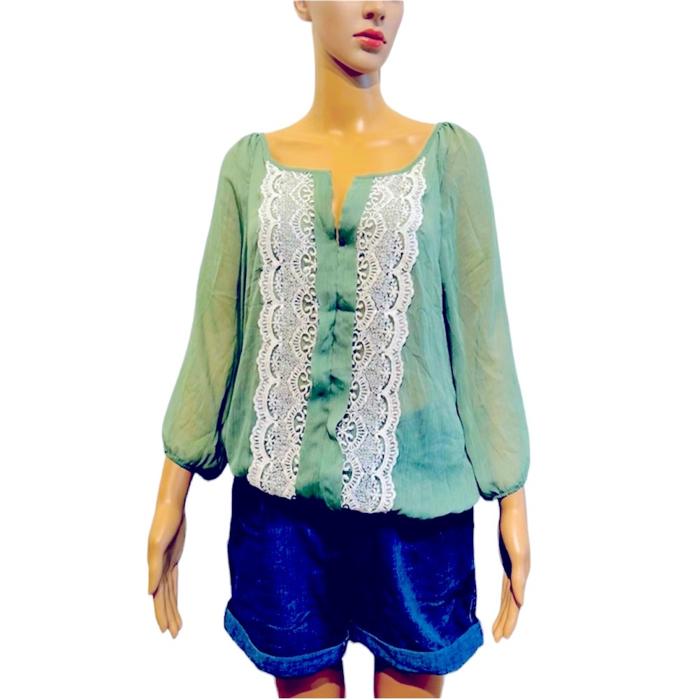 Women’s Sheer Blouse, Top Green with white lace Size L